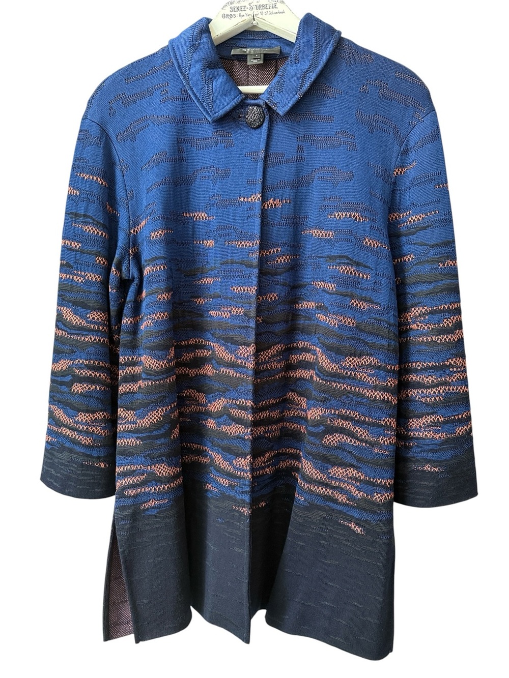 St. John Textured Knit Swing Jacket Blue Multi 3/4 Sleeve Size 6